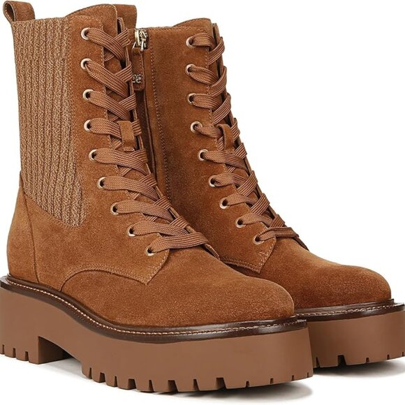 Sam Edelman EVINA Cognac Leather Brown Zip Lace Hiking Boots NEW 9 1/2 Shoes HOT - Picture 1 of 6
